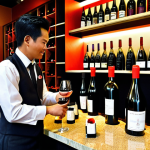 ** A vibrant image showcasing a sommelier in a modern Malaysian restaurant. Focus on the sommelier interacting with customers, confidently recommending a wine pairing with local cuisine like Nasi Lemak or Rendang. The backdrop should feature a well-stocked wine cellar with labels showing wines from both international regions and potentially some from Sabah or Sarawak. The sommelier is smartly dressed, possibly wearing a SOMA (Sommelier Association of Malaysia) pin.

**