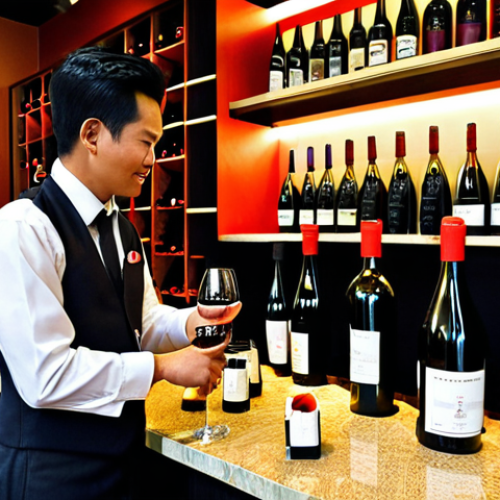 Home 11 ** A vibrant image showcasing a sommelier in a modern Malaysian restaurant. Focus on the sommelier interacting with customers, confidently recommending a wine pairing with local cuisine like Nasi Lemak or Rendang. The backdrop should feature a well-stocked wine cellar with labels showing wines from both international regions and potentially some from Sabah or Sarawak. The sommelier is smartly dressed, possibly wearing a SOMA (Sommelier Association of Malaysia) pin.
**