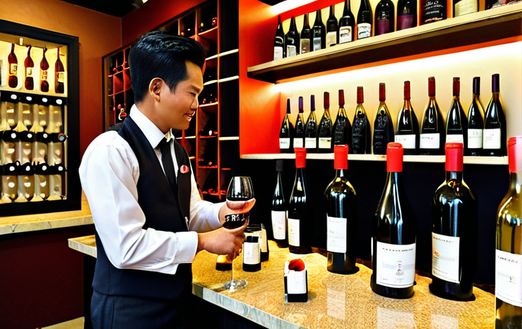 ** A vibrant image showcasing a sommelier in a modern Malaysian restaurant. Focus on the sommelier interacting with customers, confidently recommending a wine pairing with local cuisine like Nasi Lemak or Rendang. The backdrop should feature a well-stocked wine cellar with labels showing wines from both international regions and potentially some from Sabah or Sarawak. The sommelier is smartly dressed, possibly wearing a SOMA (Sommelier Association of Malaysia) pin.
**