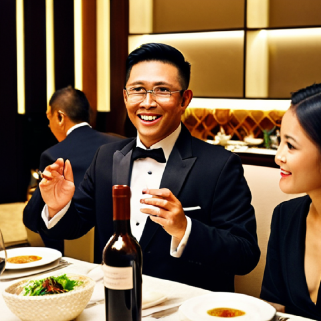 **Prompt 1:** A charismatic Malaysian sommelier, elegantly dressed, passionately engaging with a diverse group of affluent diners in a luxurious, dimly lit fine-dining restaurant in Kuala Lumpur. The sommelier is holding a wine bottle, gesturing as they describe its story, with guests attentively listening and smiling. The scene emphasizes high-end culinary experience, impeccable service, and the sommelier's storytelling ability. Background subtly shows elements of Malaysian hospitality with modern sophisticated decor. Realistic photography, soft lighting, depth of field.