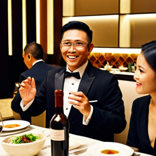 Home 6 **Prompt 1:** A charismatic Malaysian sommelier, elegantly dressed, passionately engaging with a diverse group of affluent diners in a luxurious, dimly lit fine-dining restaurant in Kuala Lumpur. The sommelier is holding a wine bottle, gesturing as they describe its story, with guests attentively listening and smiling. The scene emphasizes high-end culinary experience, impeccable service, and the sommelier's storytelling ability. Background subtly shows elements of Malaysian hospitality with modern sophisticated decor. Realistic photography, soft lighting, depth of field.