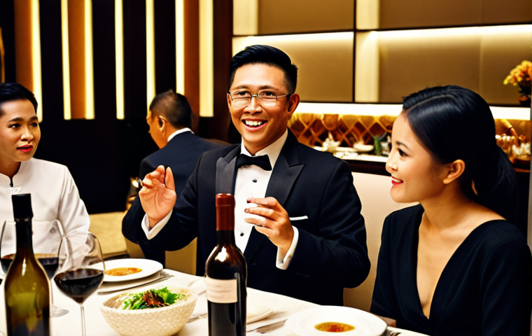 **Prompt 1:** A charismatic Malaysian sommelier, elegantly dressed, passionately engaging with a diverse group of affluent diners in a luxurious, dimly lit fine-dining restaurant in Kuala Lumpur. The sommelier is holding a wine bottle, gesturing as they describe its story, with guests attentively listening and smiling. The scene emphasizes high-end culinary experience, impeccable service, and the sommelier's storytelling ability. Background subtly shows elements of Malaysian hospitality with modern sophisticated decor. Realistic photography, soft lighting, depth of field.