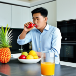 소믈리에 초보자를 위한 조언 - "A beginner sommelier, fully clothed in smart casual attire, conducting a taste test with local frui...