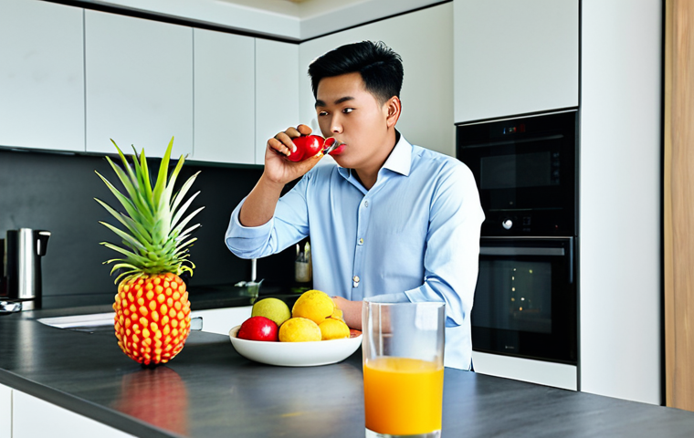 소믈리에 초보자를 위한 조언 - "A beginner sommelier, fully clothed in smart casual attire, conducting a taste test with local frui...